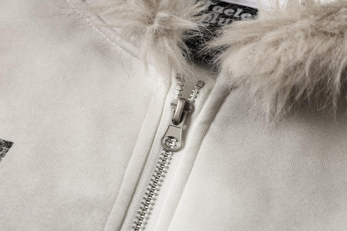 Music Note Vintage Letter Print Furry Trim Zip Up Hoodie