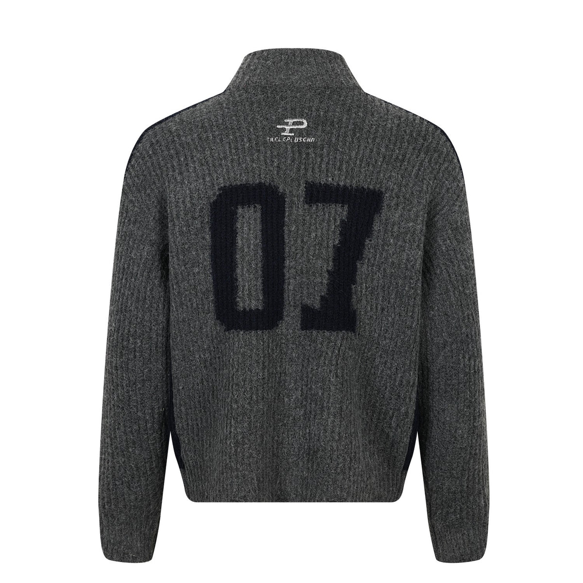 Racing Patched Full Zip Stand Collar Knit Full Zip Sweater