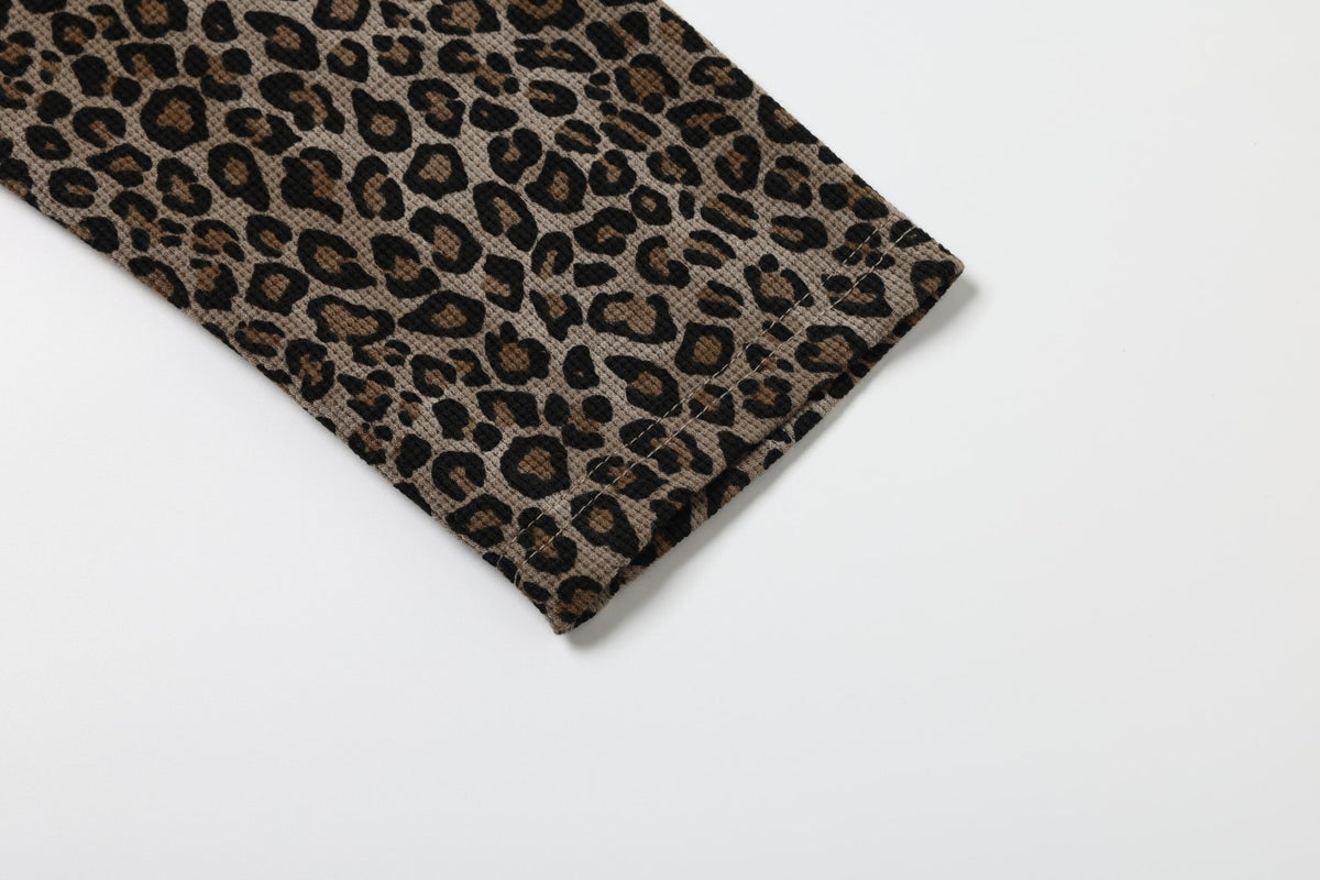 Leopard Print Raglan Sleeve Waffle Knit Graphic Long Sleeve