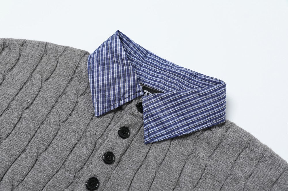 Cable Knit Fake Two-Piece Collared Sweater