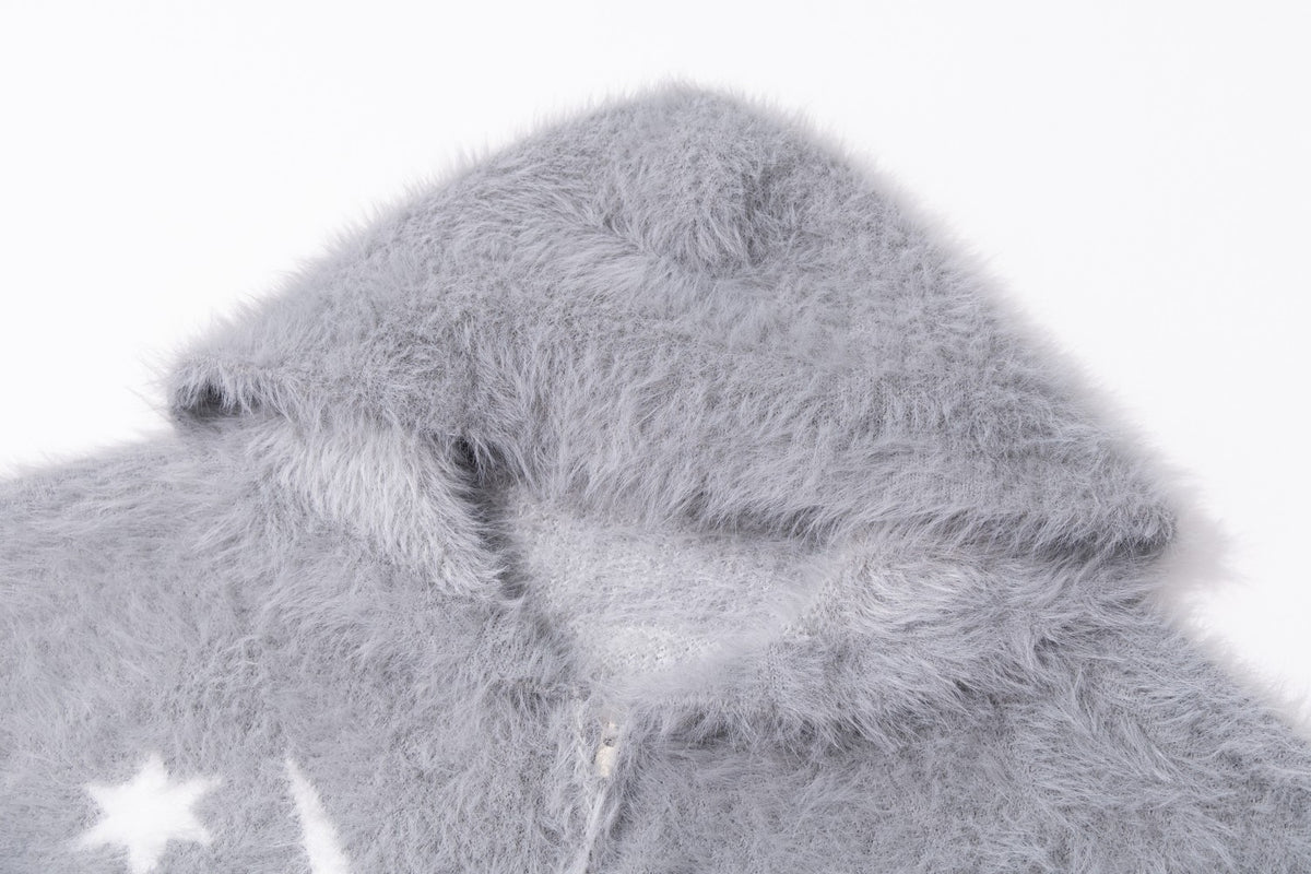Mythical Beast & Cross Graphic Fuzzy Zip-Up Hooded Sweater