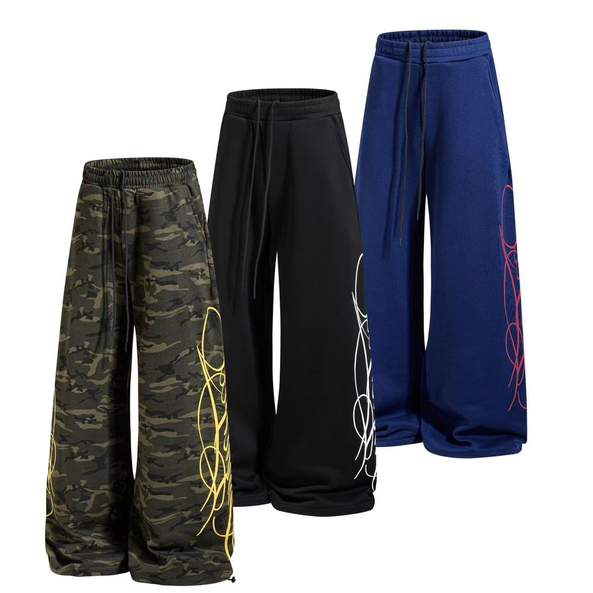 Streetwear Fleece Lined Side Script Line Graphic Print Wide-Leg Sweatpants