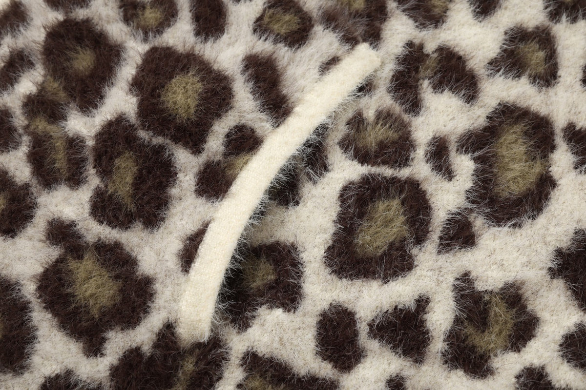 Leopard Jacquard Zip-Up Hooded Knit Cardigan
