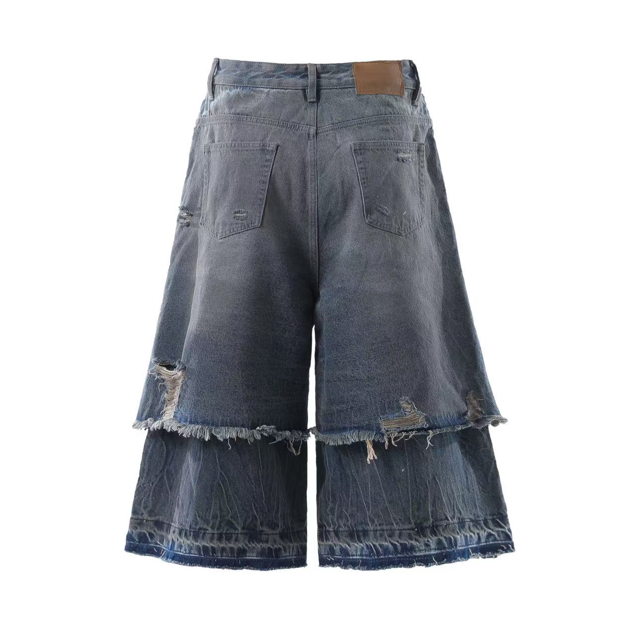 Distressed Denim Knee-Length Shorts