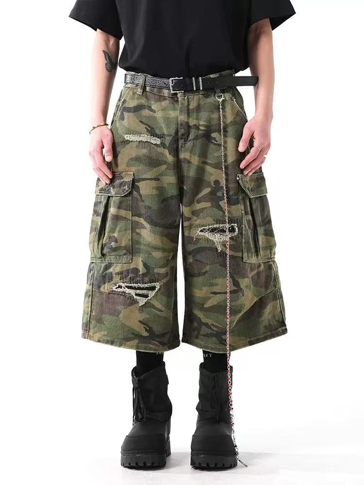 Distressed Camo Knee-Length Shorts
