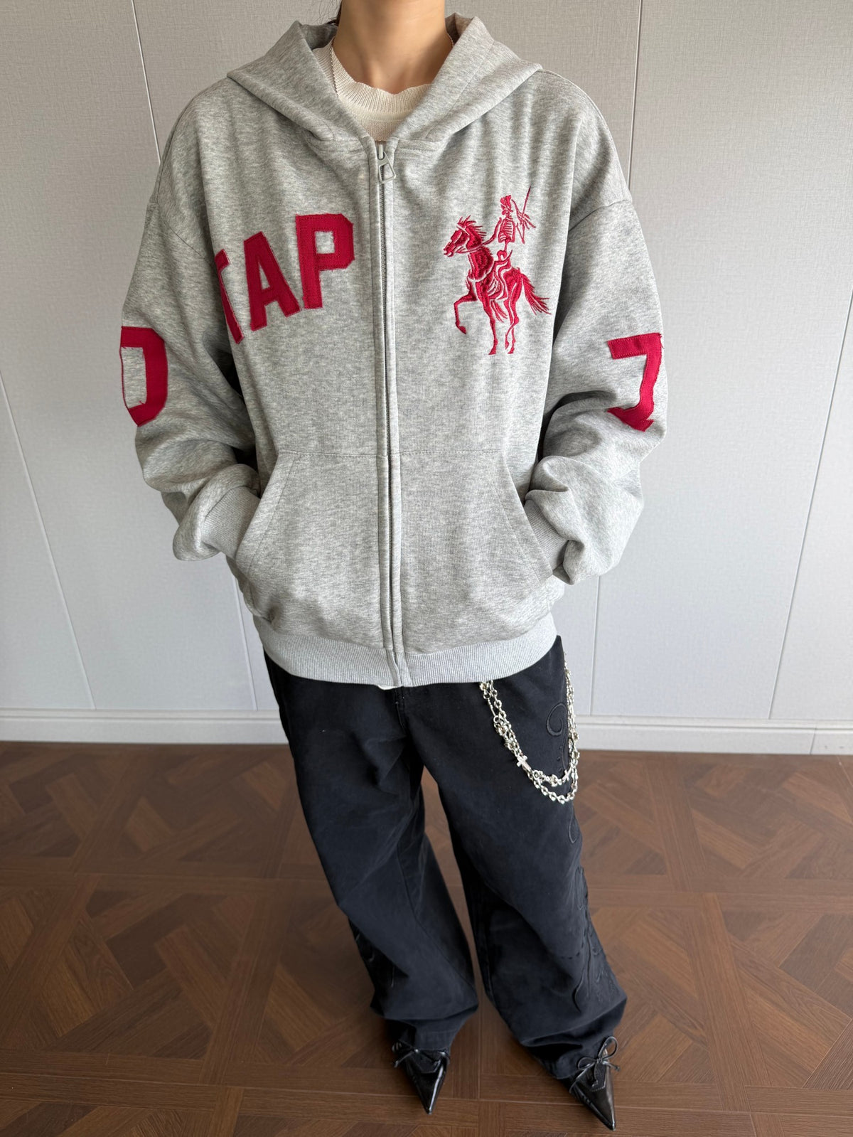 Letter & Skeleton Rider Graphic Full Zip Hoodie