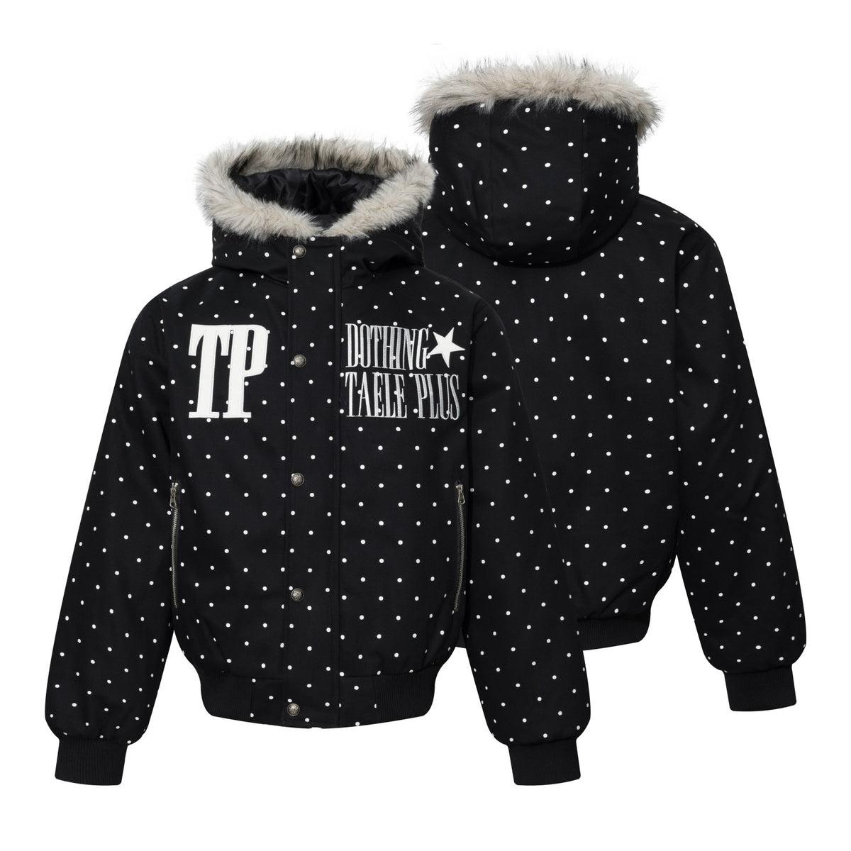 Polka Dot Graphic Faux Fur Hooded Jacket