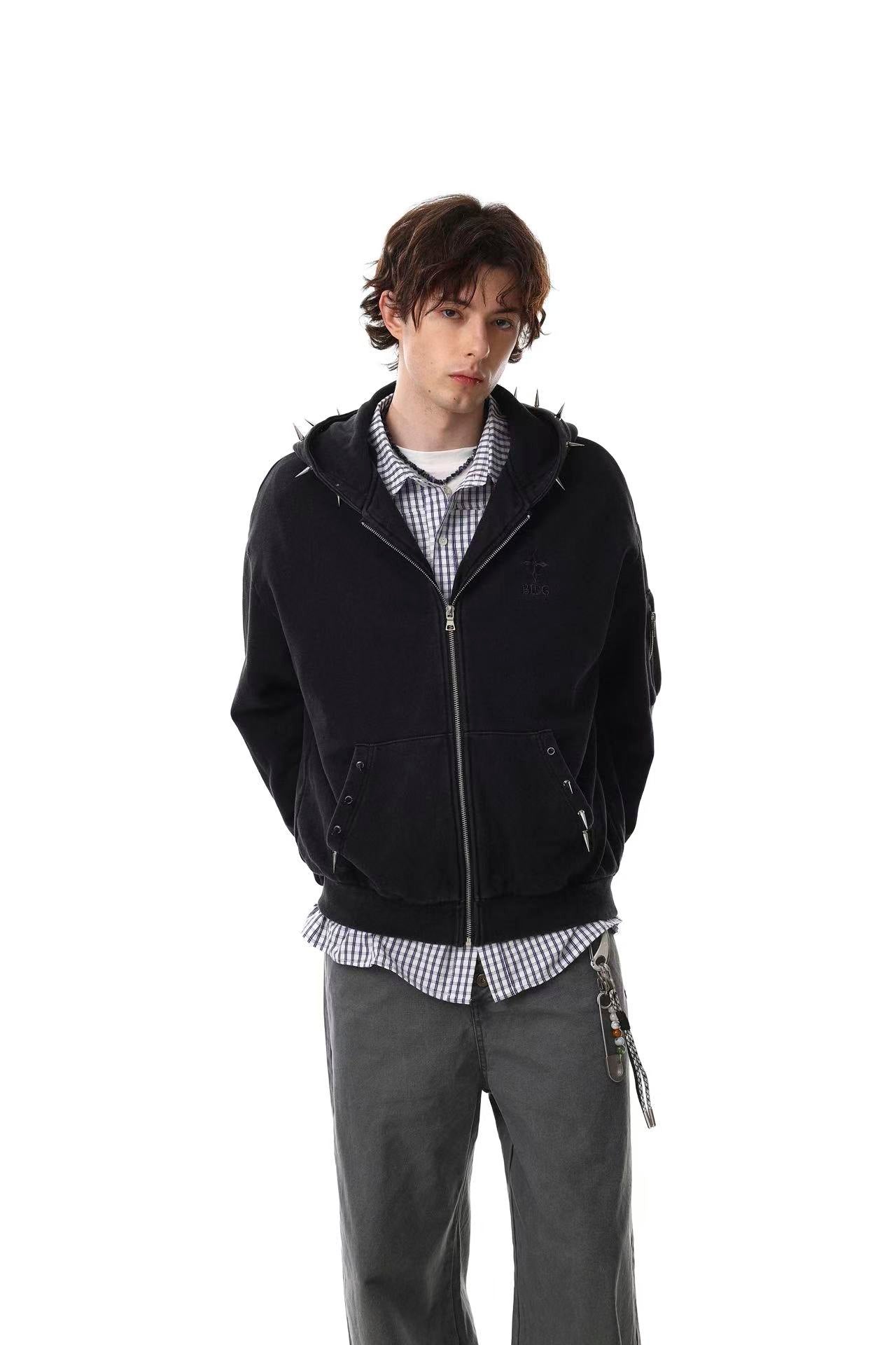 Street Style Retro Studded Zip-Up Hoodie