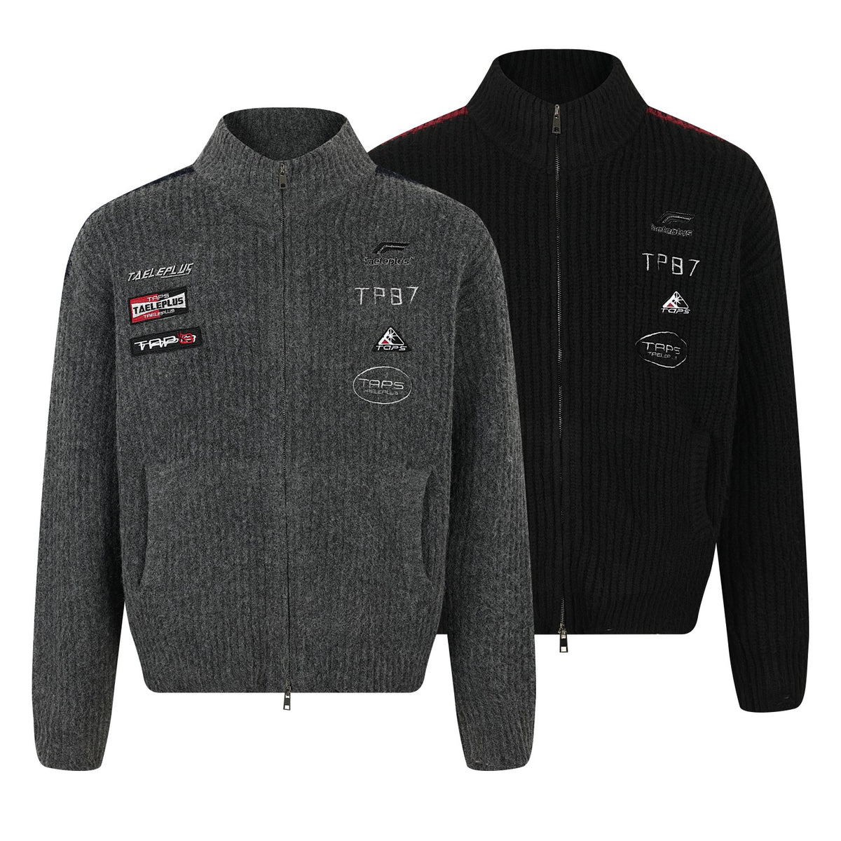 Racing Patched Full Zip Stand Collar Knit Full Zip Sweater