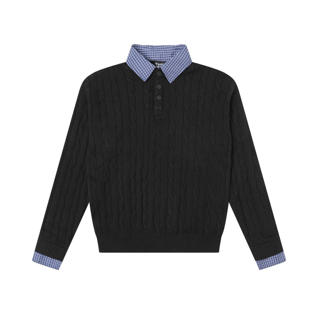 Cable Knit Fake Two-Piece Collared Sweater