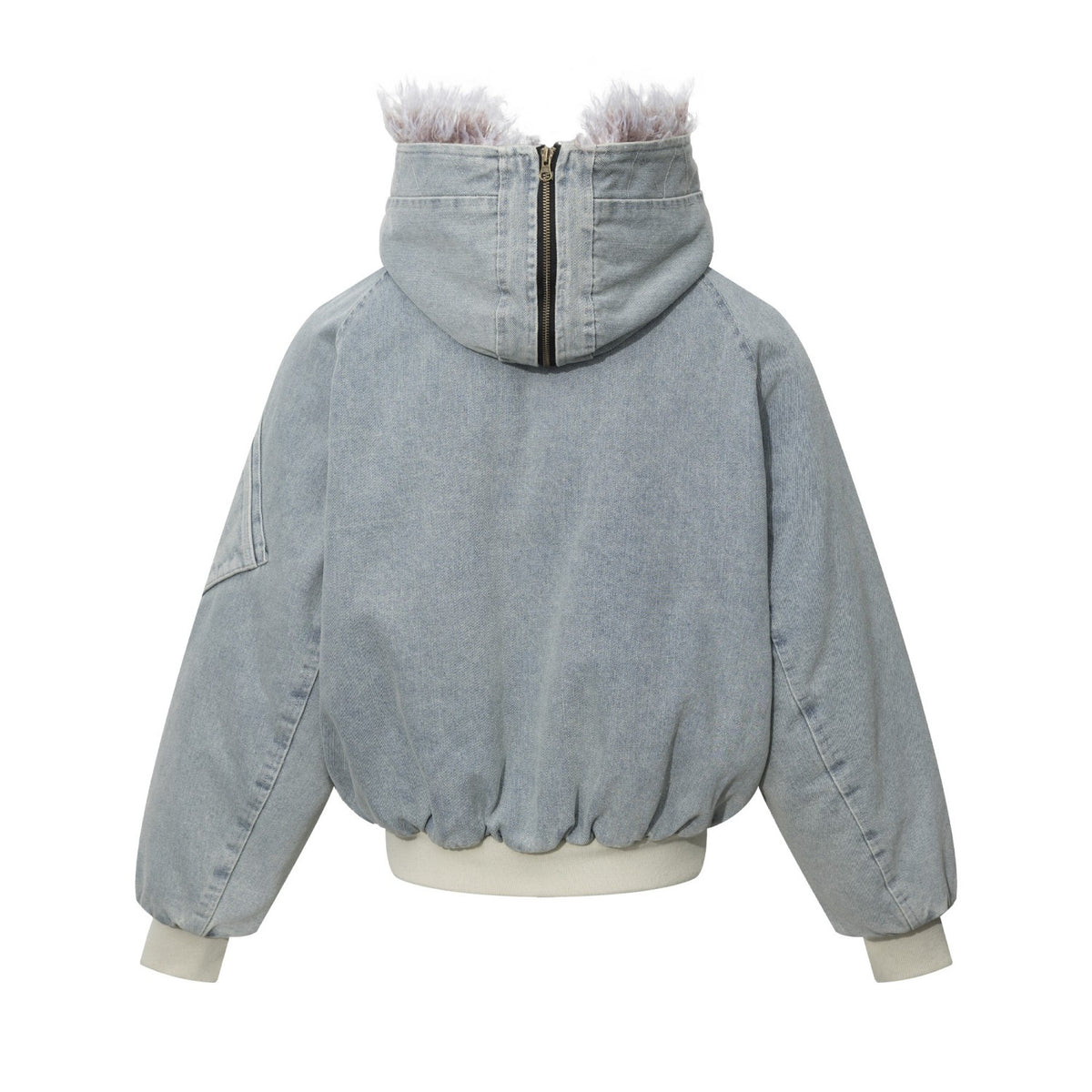 Washed Denim Faux Fur Lined Hooded Bomber Jacket
