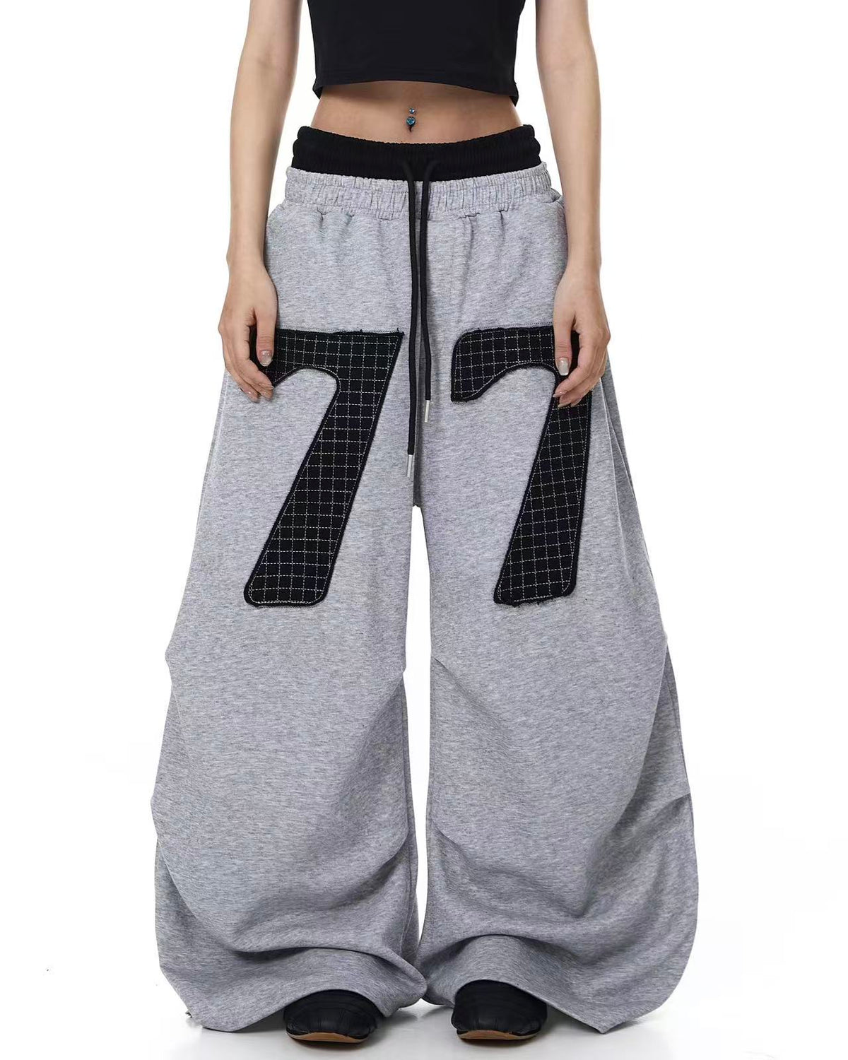 Double Waist Grid Number 7 Patch Wide Leg Sweatpants