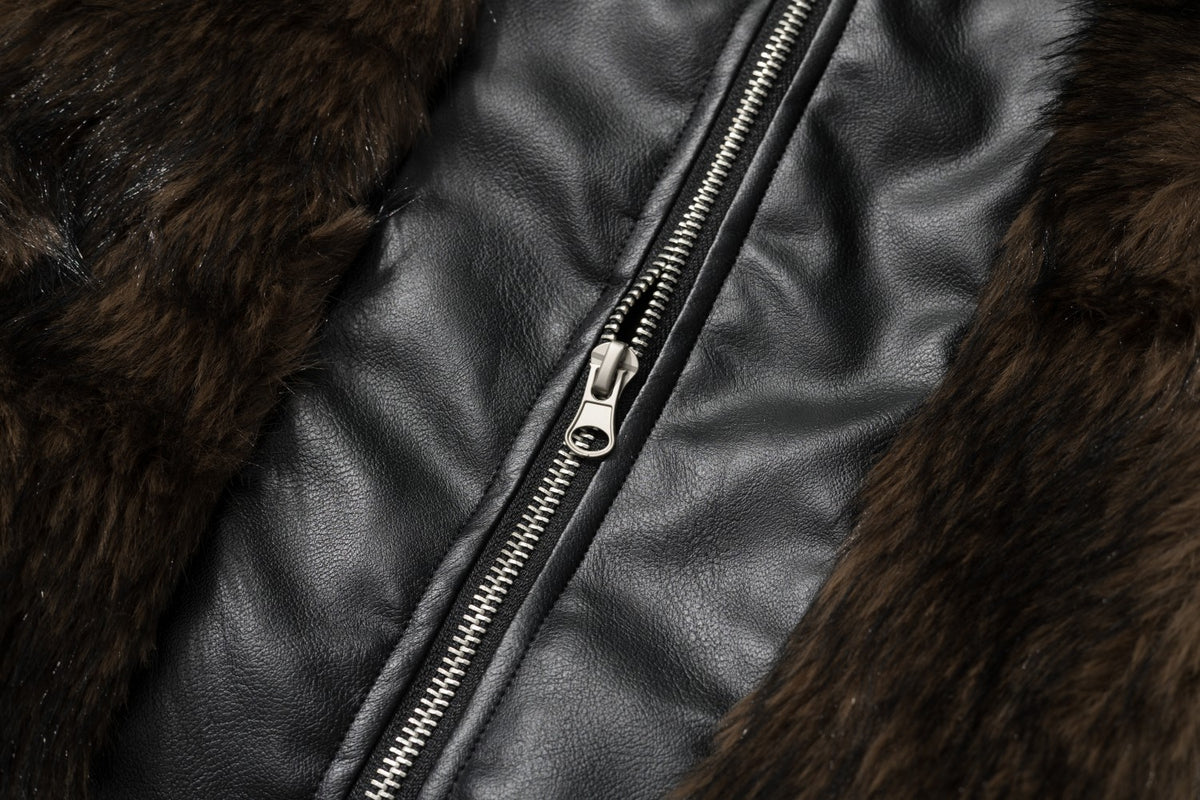 Faux Fur Collar Asymmetric Faux Leather Bomber Jacket
