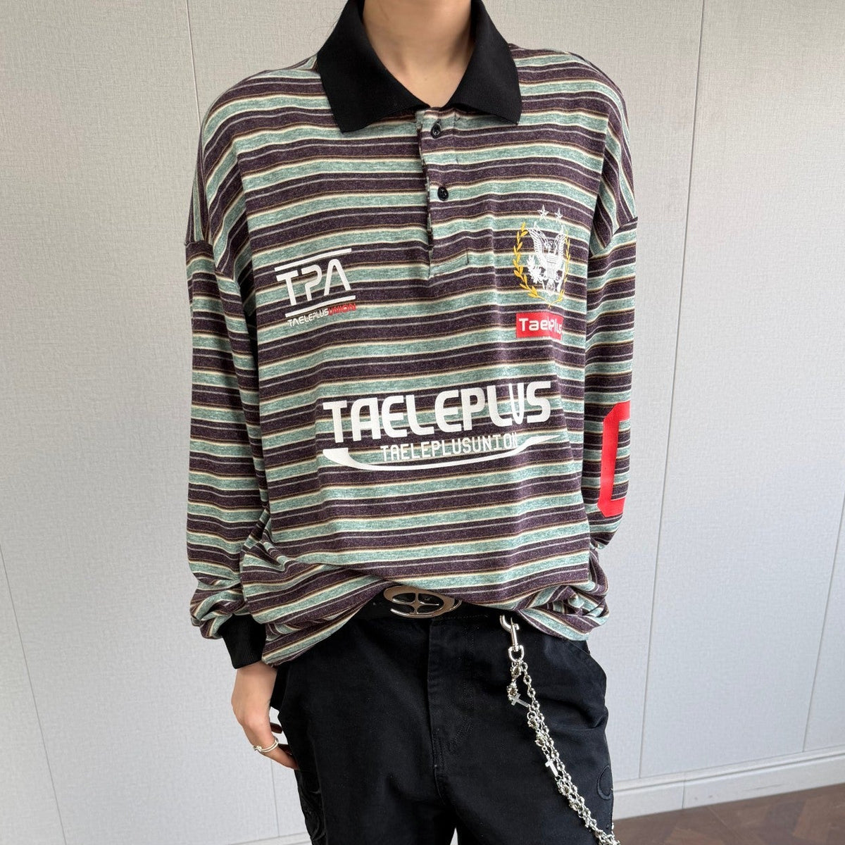 Vintage Stripe Graphic Long Sleeve Polo Sweatshirt