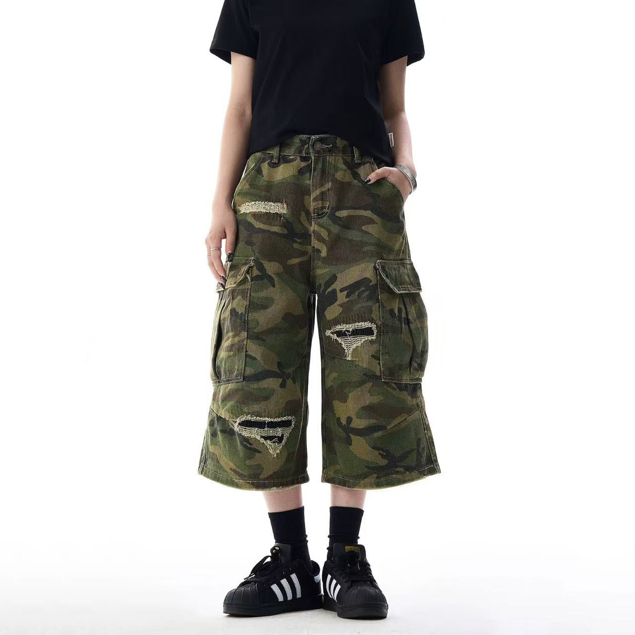 Distressed Camo Knee-Length Jorts