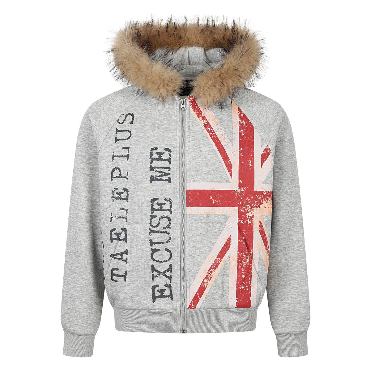 Vintage Union Jack Faux Fur Trim Zip Up Hoodie