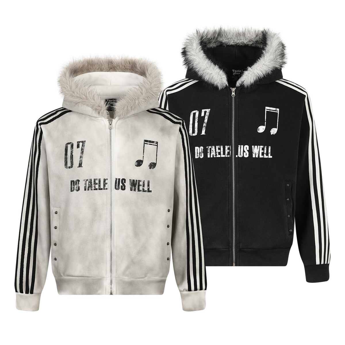 Music Note Vintage Letter Print Furry Trim Zip Up Hoodie