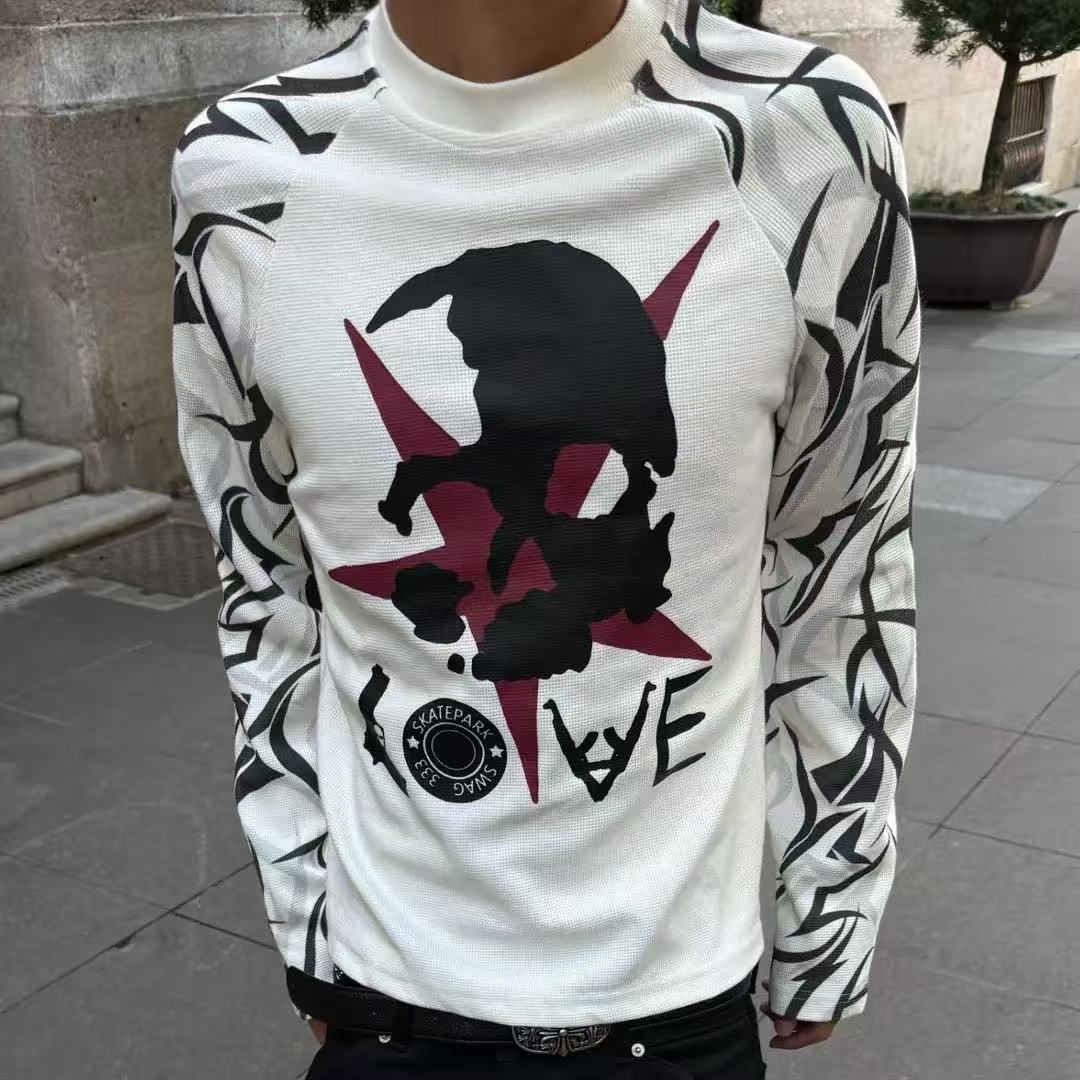 Skull Tribal Tattoo Print Raglan Waffle Knit Long Sleeve