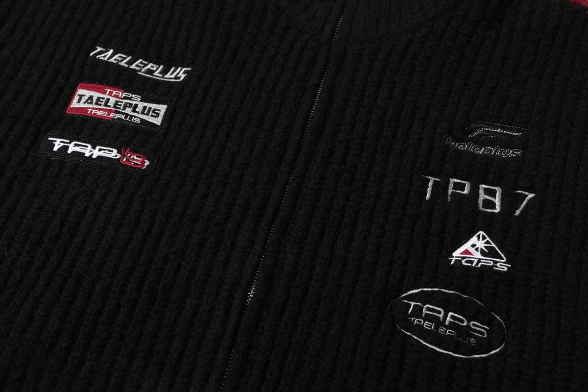 Racing Patched Full Zip Stand Collar Knit Full Zip Sweater
