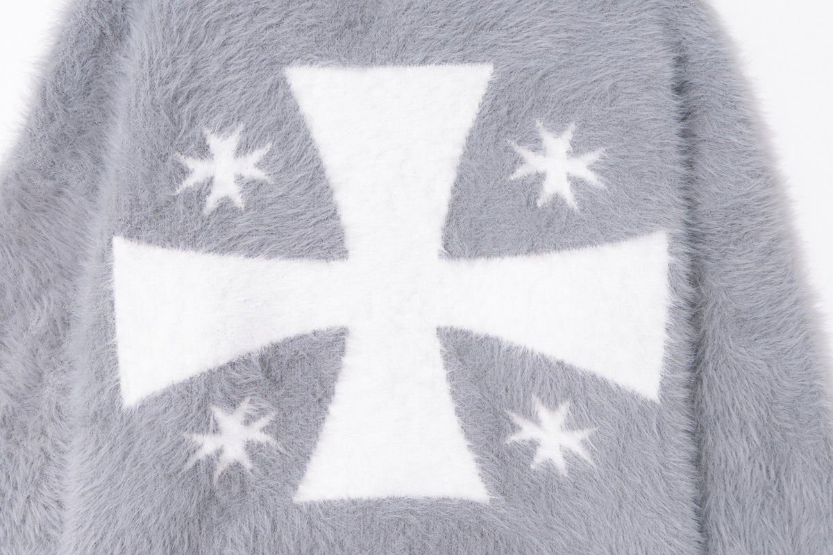 Mythical Beast & Cross Graphic Fuzzy Zip-Up Hooded Sweater