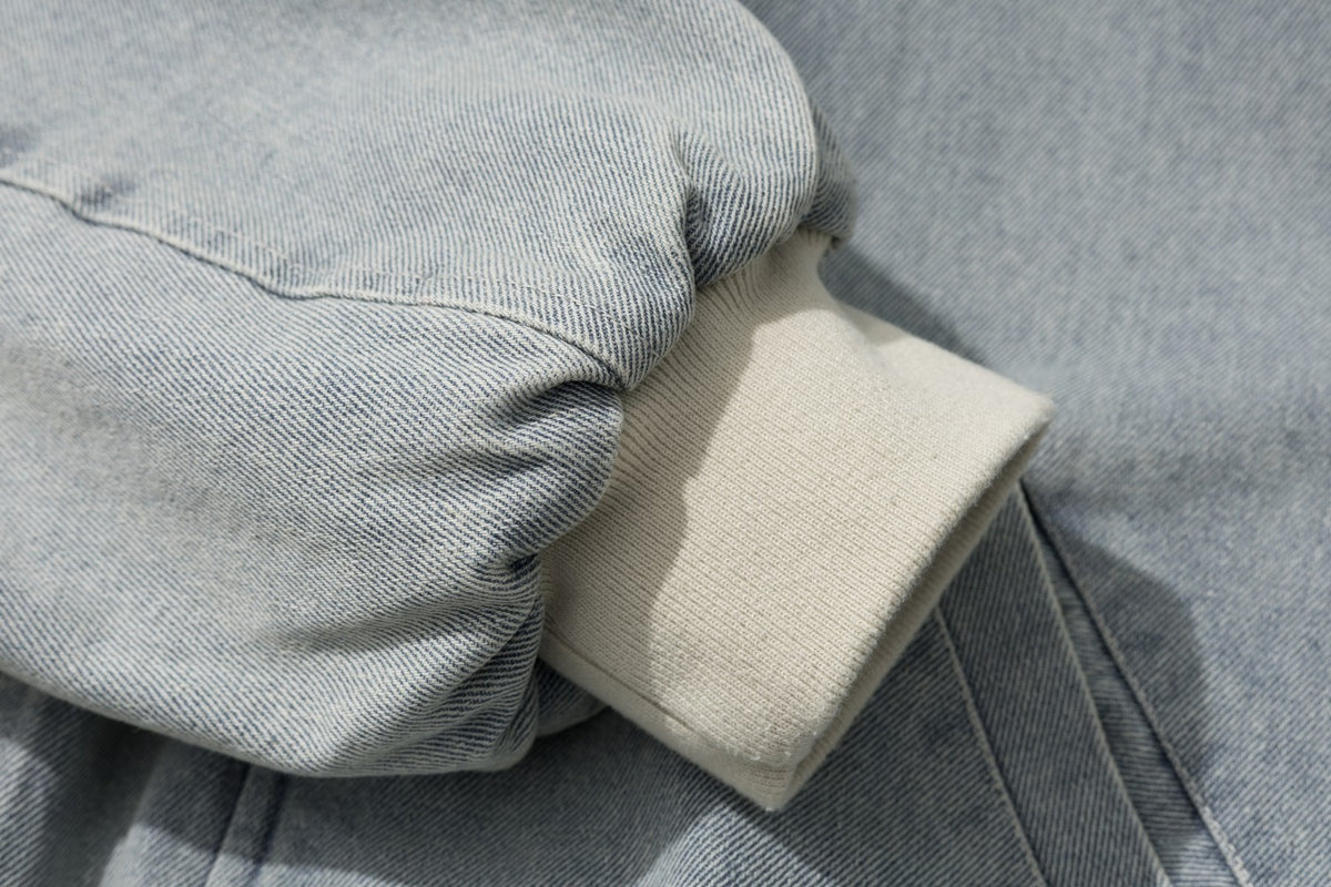 Washed Denim Faux Fur Lined Hooded Bomber Jacket