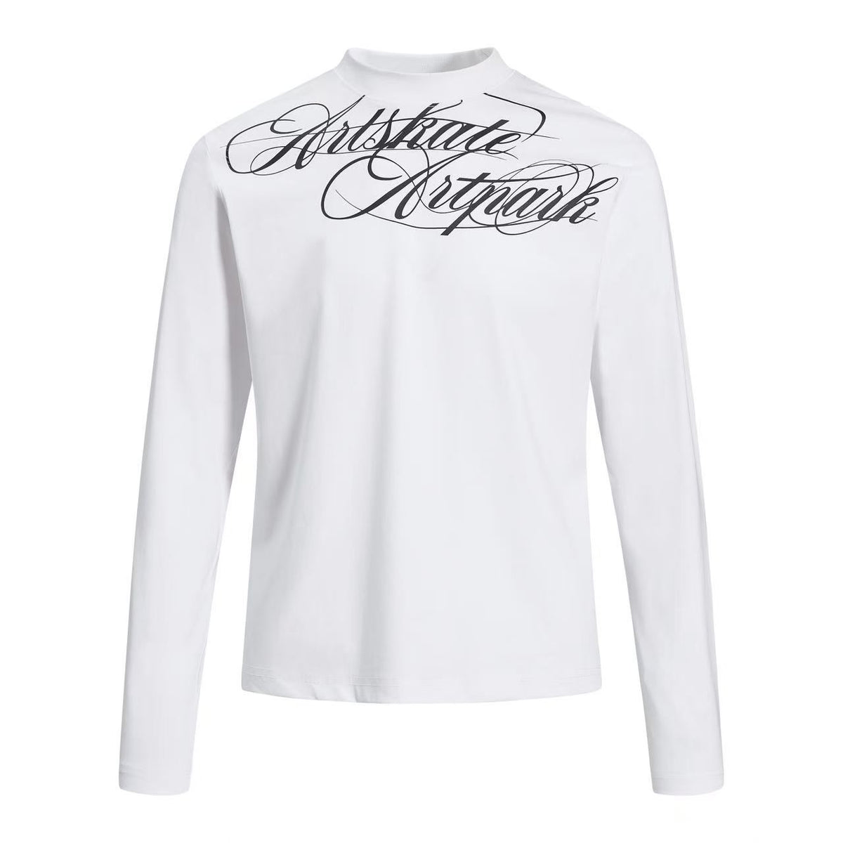 Cropped Mock Neck Cursive Script Print Long Sleeve
