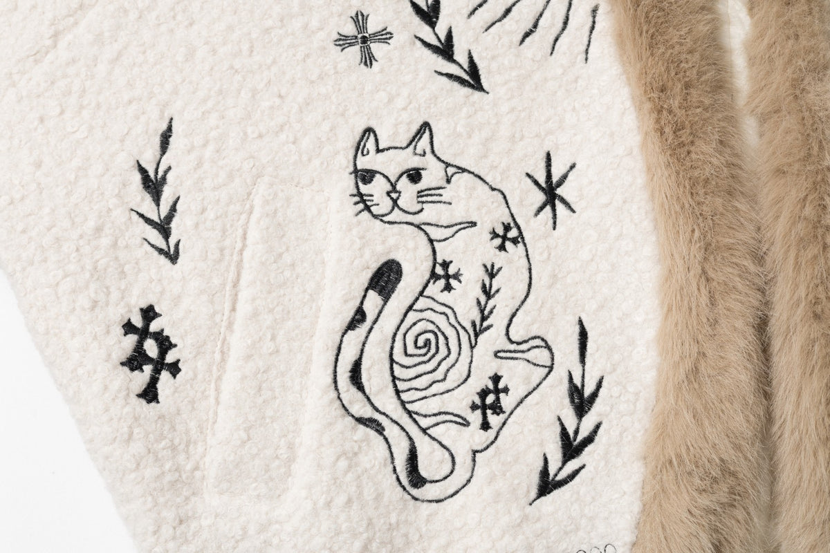 Unisex Faux Fur Trim Cat Floral Embroidered Sherpa Jacket