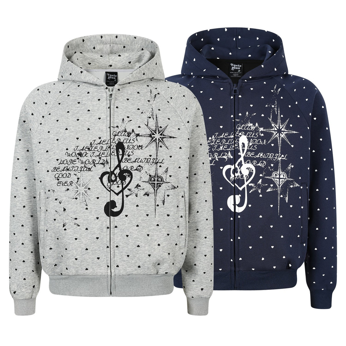 Heart & Musical Note Star Print Zip Up Hoodie