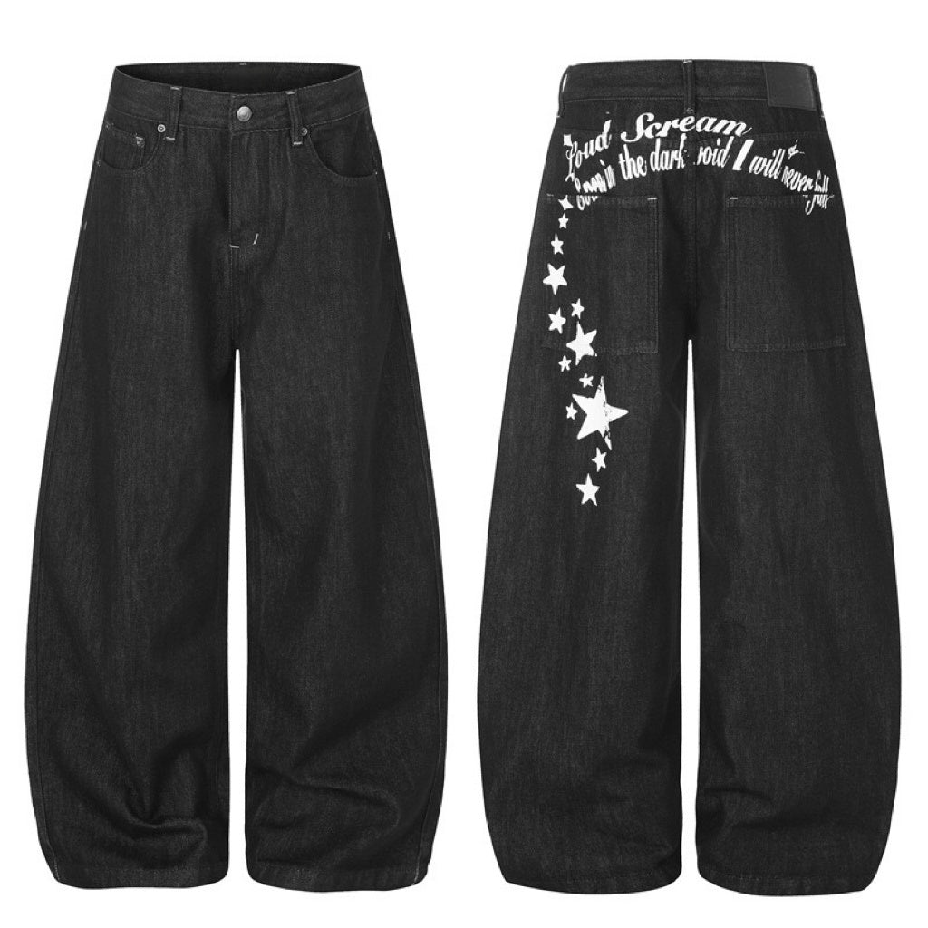 Vintage Star & Script Letter Print Black Baggy Wide Leg Jeans