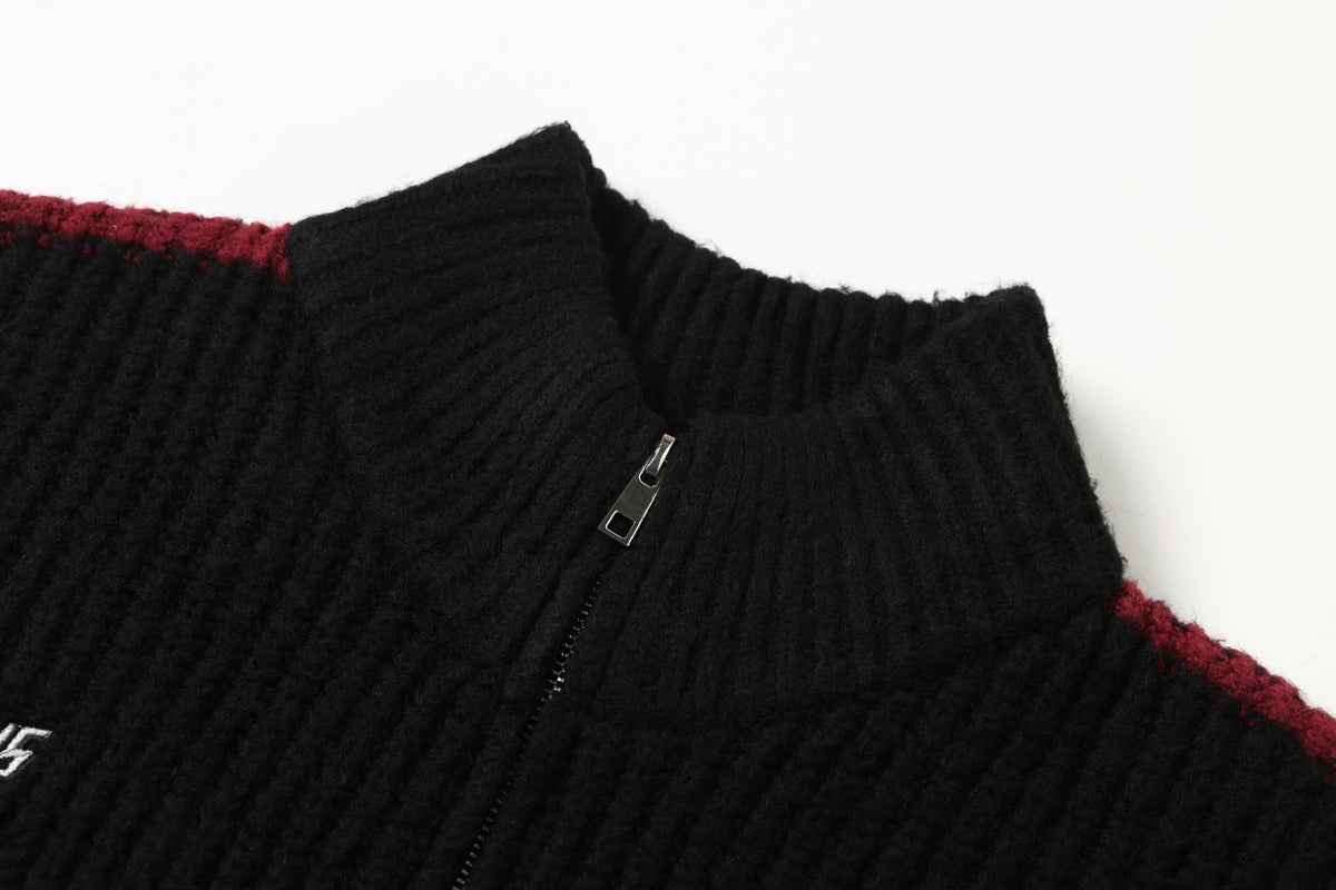 Racing Patched Full Zip Stand Collar Knit Full Zip Sweater