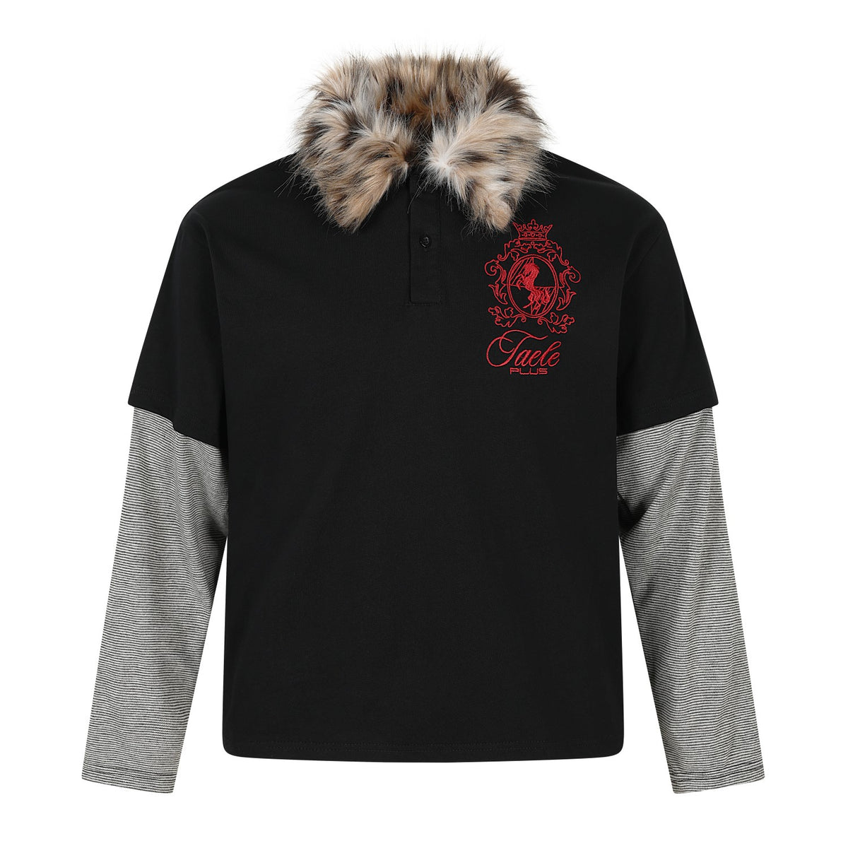 Faux Fur Collar Fake Two-Piece Embroidered Long Sleeve Polo