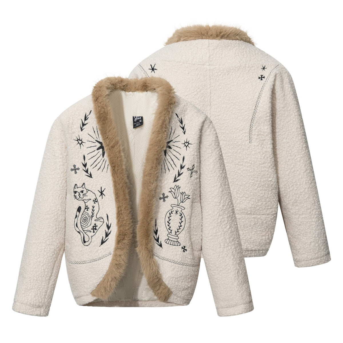 Unisex Faux Fur Trim Cat Floral Embroidered Sherpa Jacket