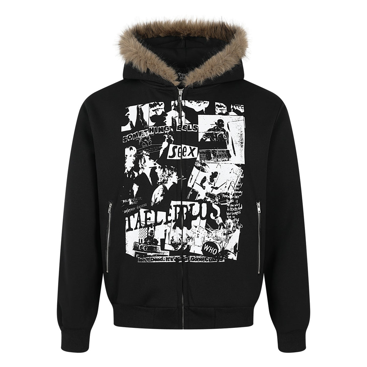 Vintage Newspaper Collage Graphic Print Furry Trim Zip Up Hoodie