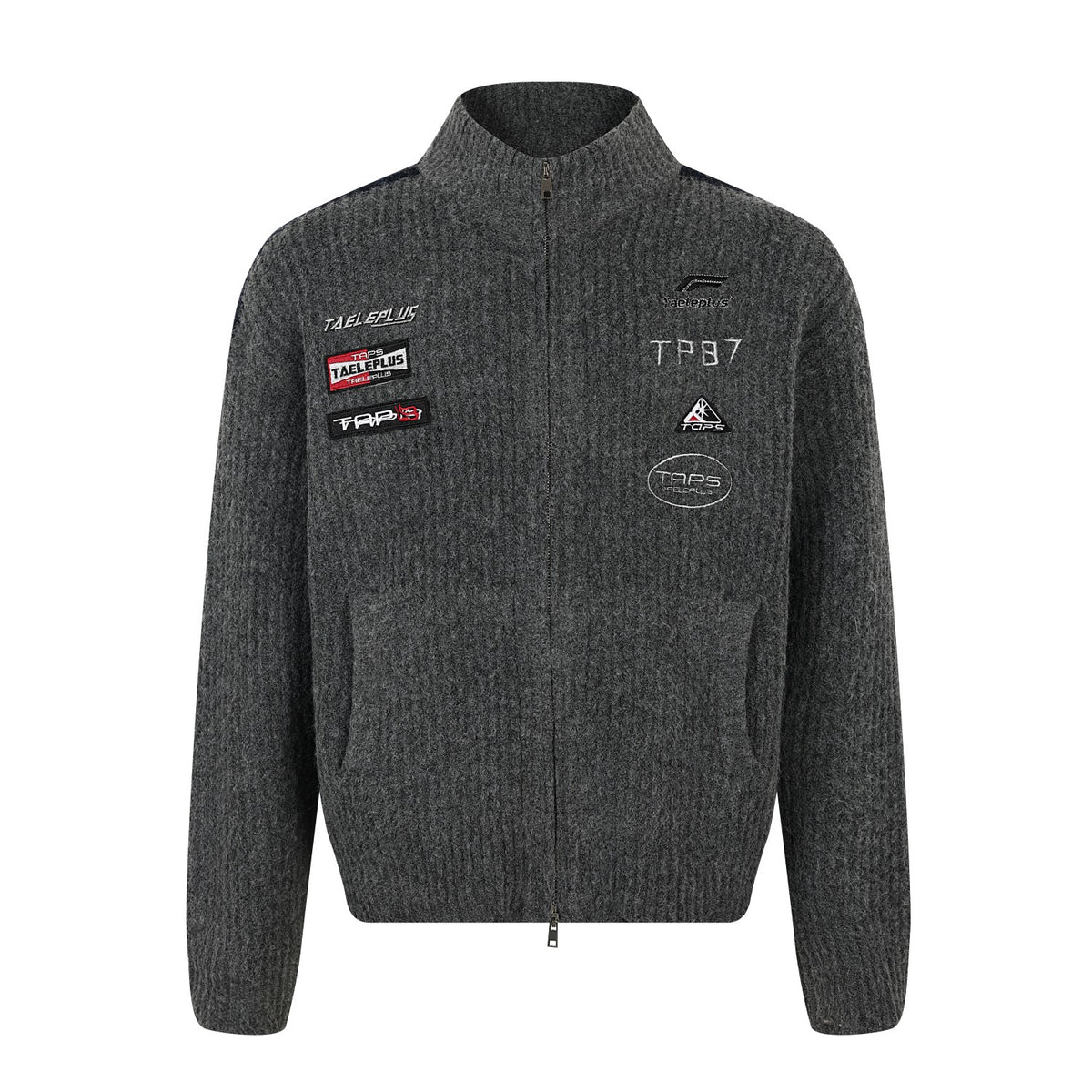 Racing Patched Full Zip Stand Collar Knit Full Zip Sweater