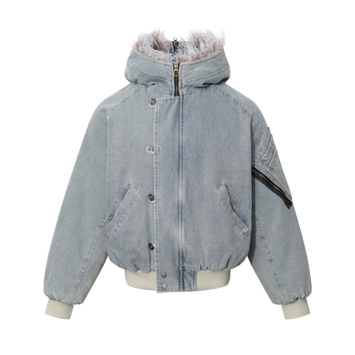Washed Denim Faux Fur Lined Hooded Bomber Jacket