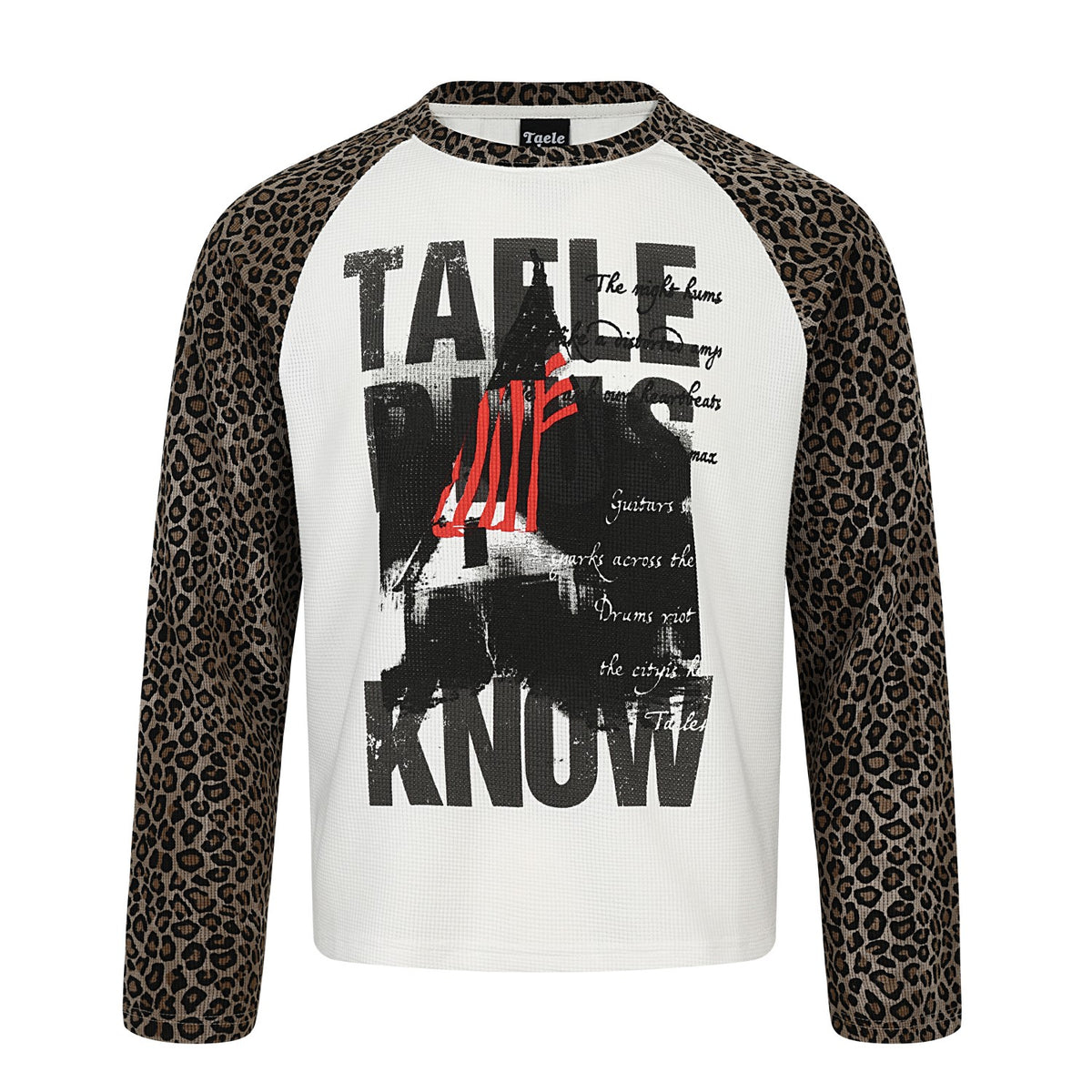 Leopard Print Raglan Sleeve Waffle Knit Graphic Long Sleeve