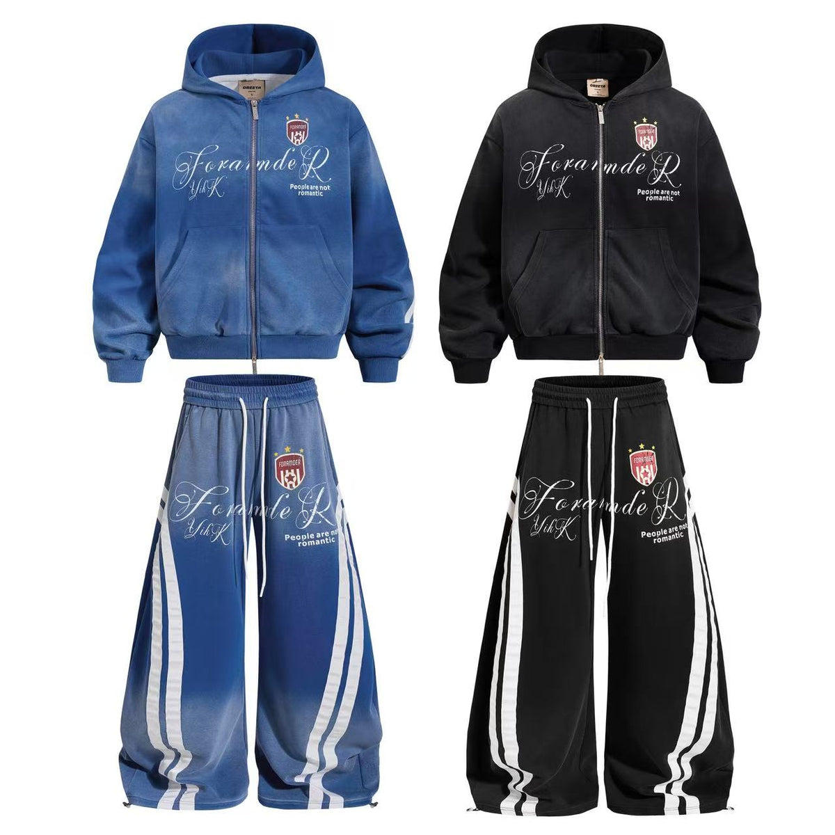 (Pre-Sell)Vintage Washed Distressed Crest Embroidered Letter Print Zip Up Hoodie