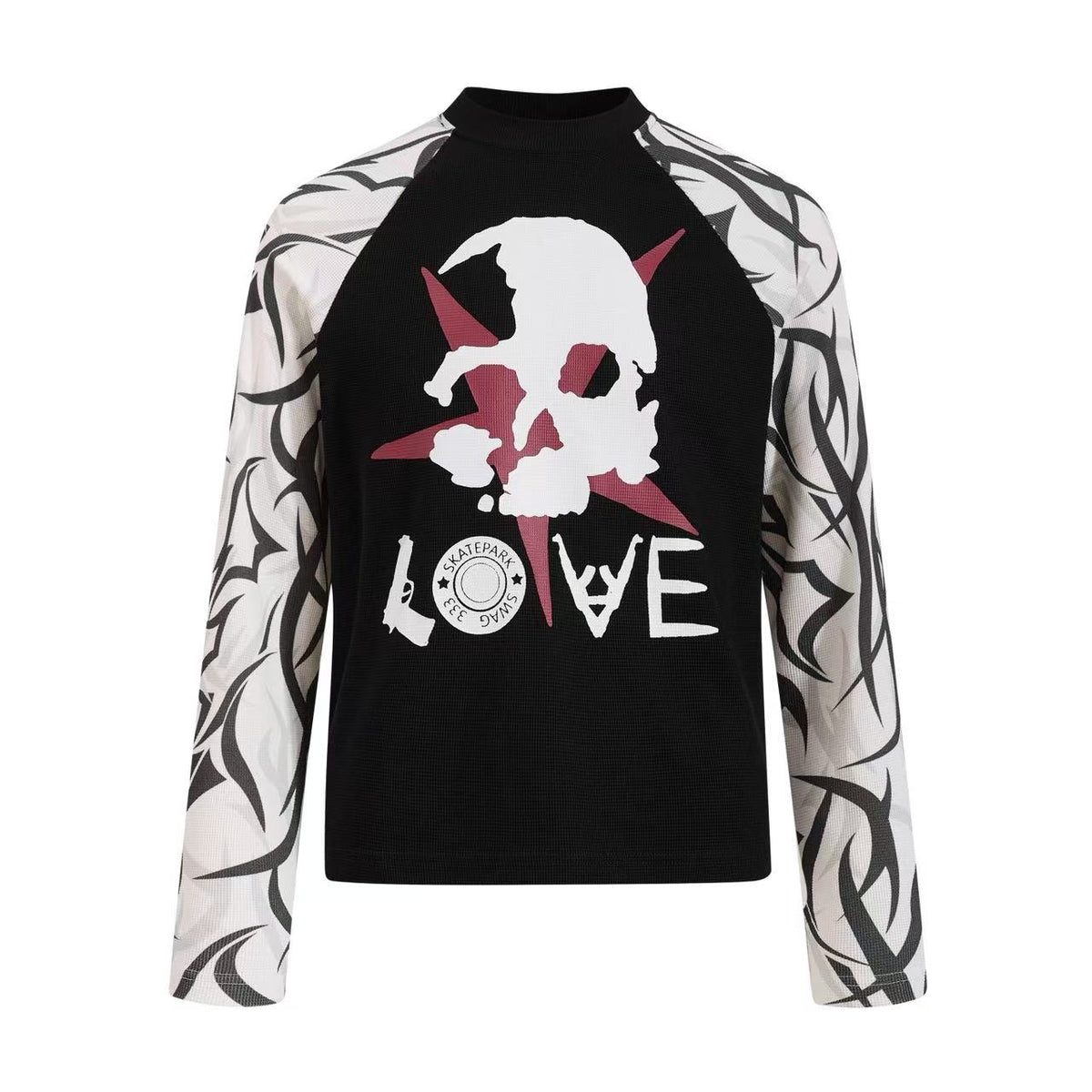 Skull Tribal Tattoo Print Raglan Waffle Knit Long Sleeve