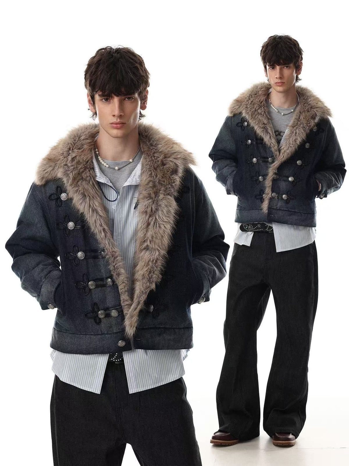 Faux Fur Collar & Frog Toggle Buttons Vintage Washed Denim Jacket