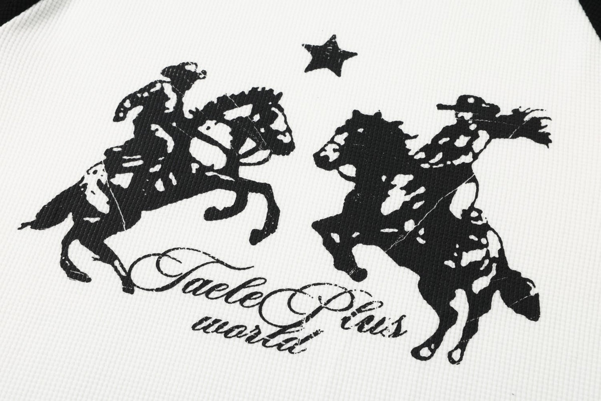 Western Cowboy Star Print Raglan Waffle Knit Long Sleeve