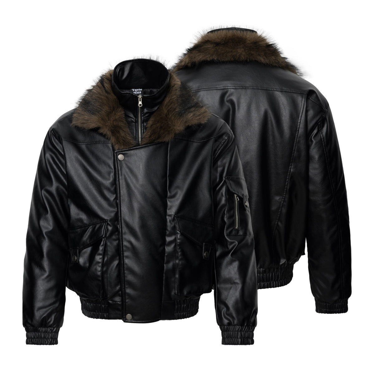 Faux Fur Collar Asymmetric Faux Leather Bomber Jacket