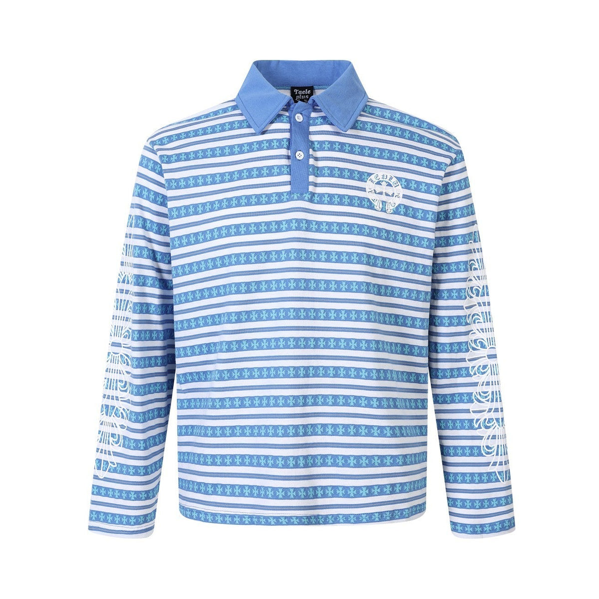 Vintage Striped Cross Graphic Long Sleeve Polo Shirt