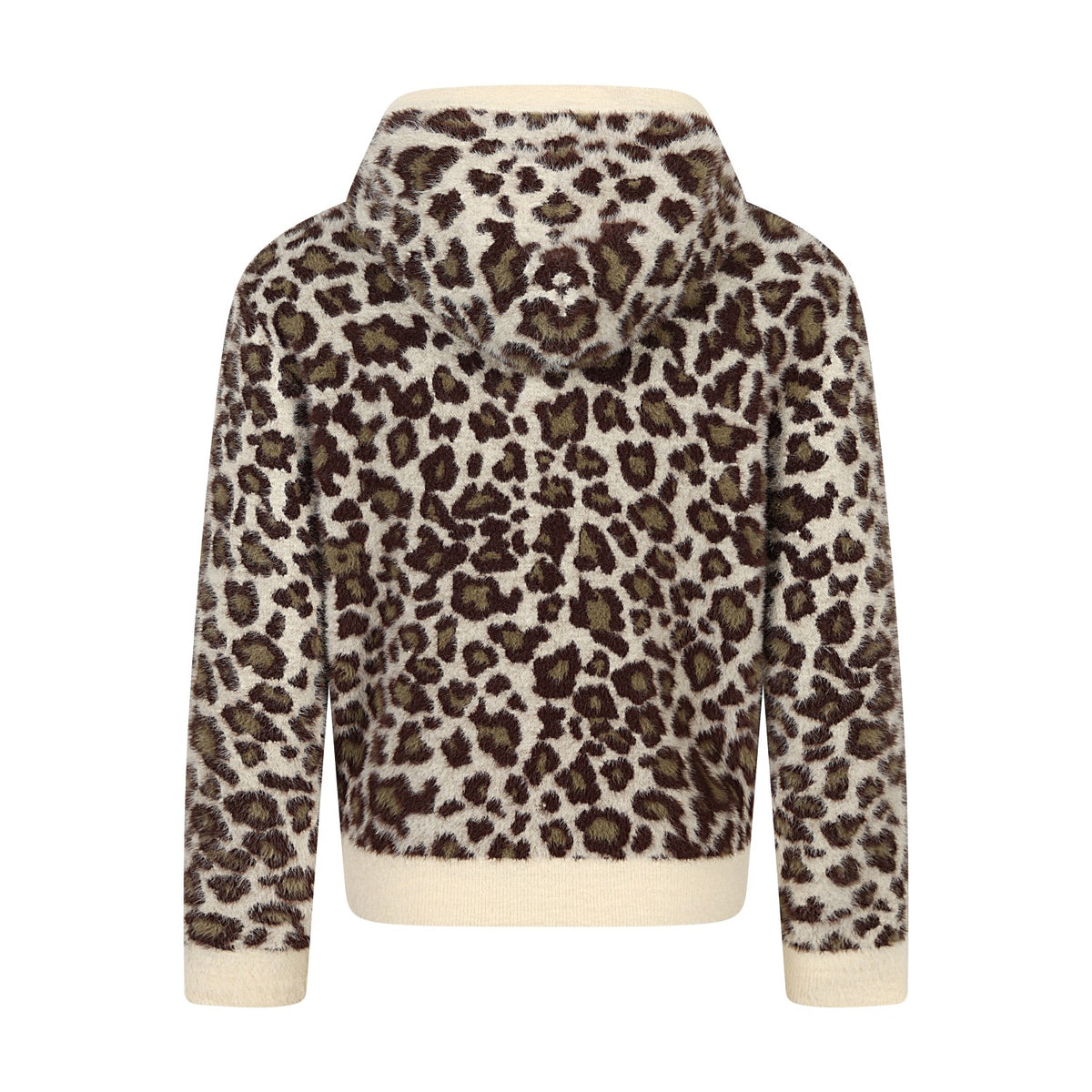 Leopard Jacquard Zip-Up Hooded Knit Cardigan