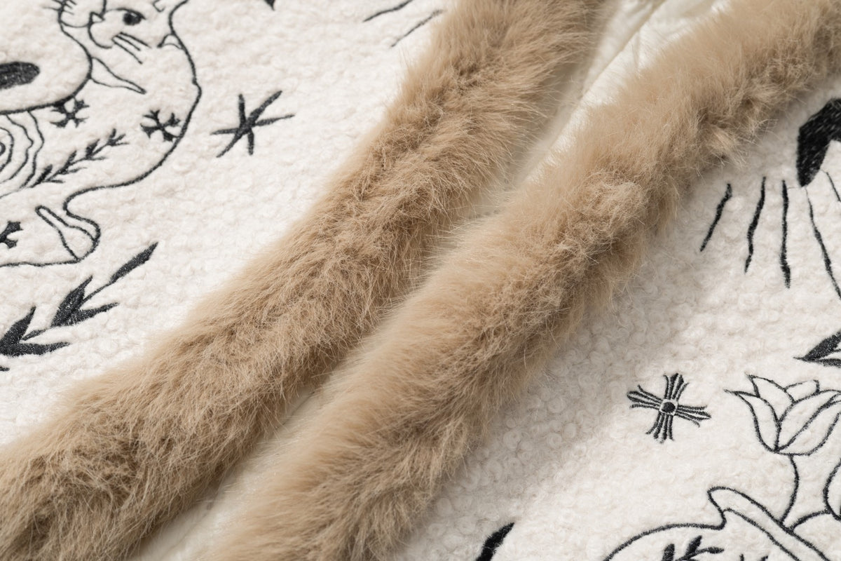 Unisex Faux Fur Trim Cat Floral Embroidered Sherpa Jacket