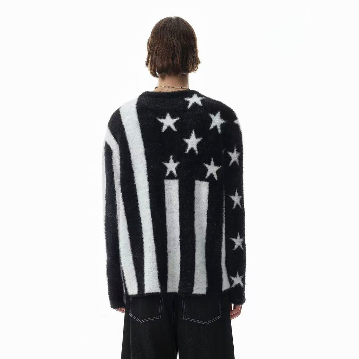 Black White Star & Striper Fuzzy Knit Sweater
