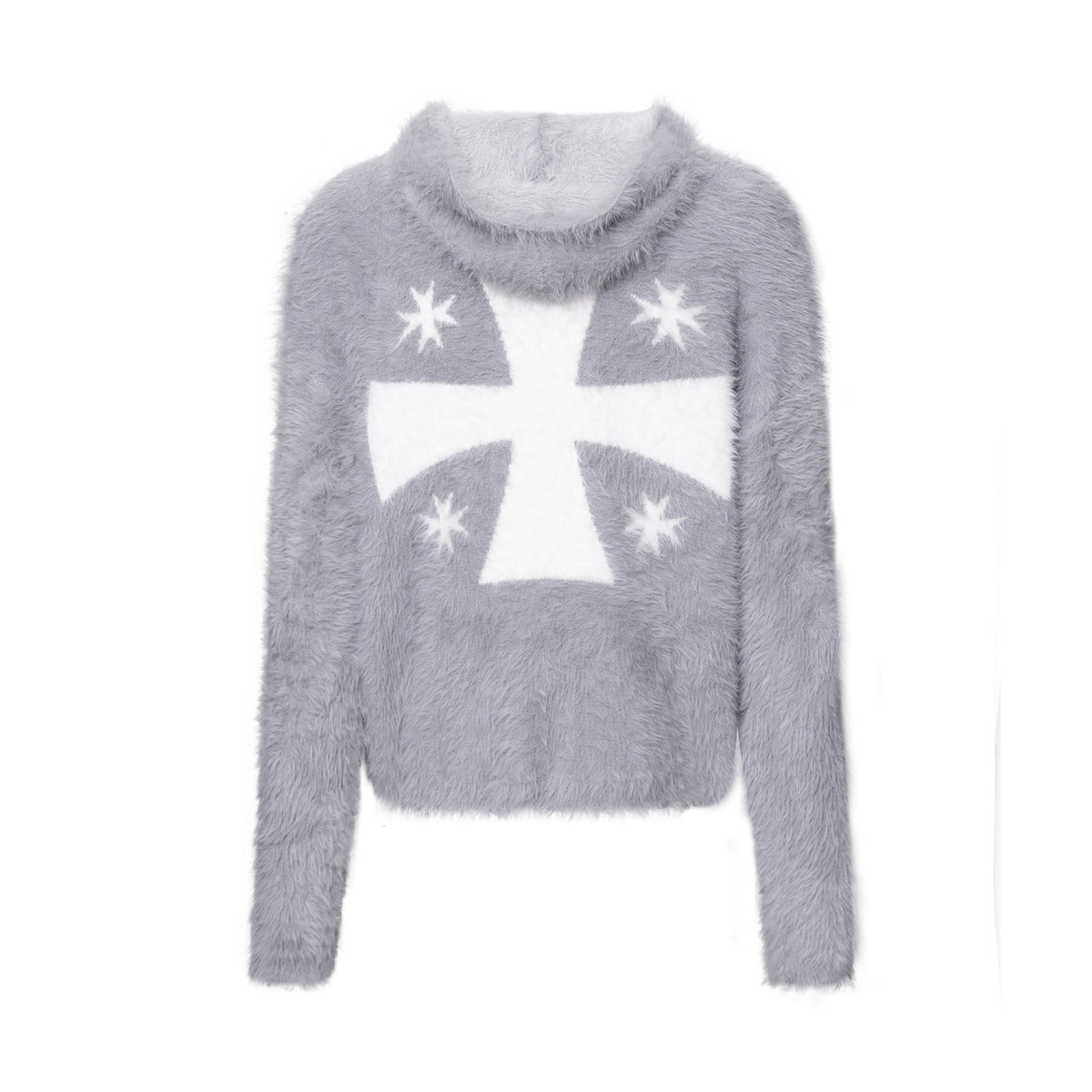 Mythical Beast & Cross Graphic Fuzzy Zip-Up Hooded Sweater