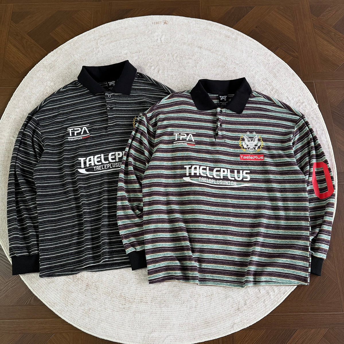 Vintage Stripe Graphic Long Sleeve Polo Sweatshirt