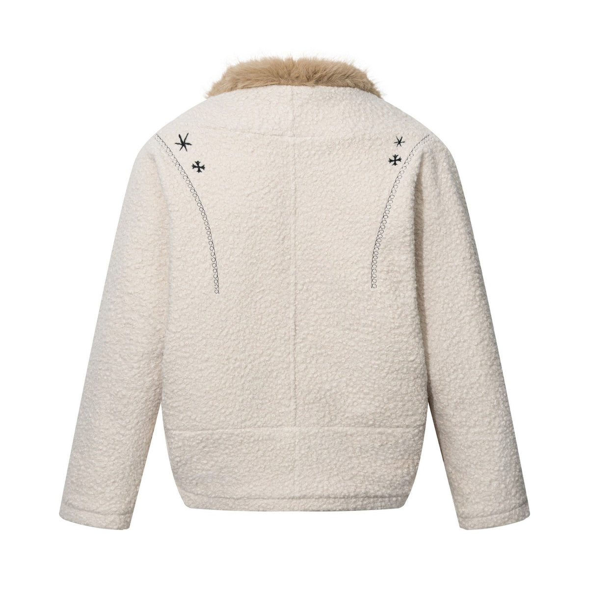 Unisex Faux Fur Trim Cat Floral Embroidered Sherpa Jacket