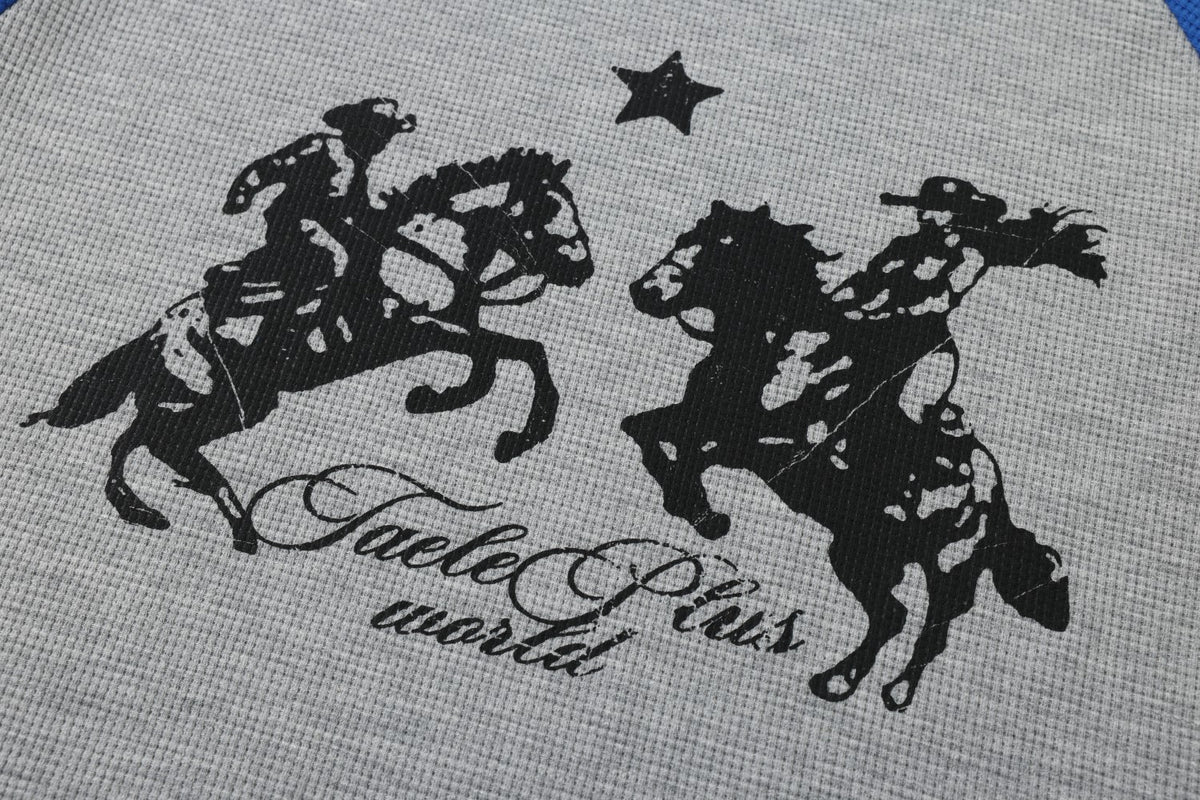 Western Cowboy Star Print Raglan Waffle Knit Long Sleeve