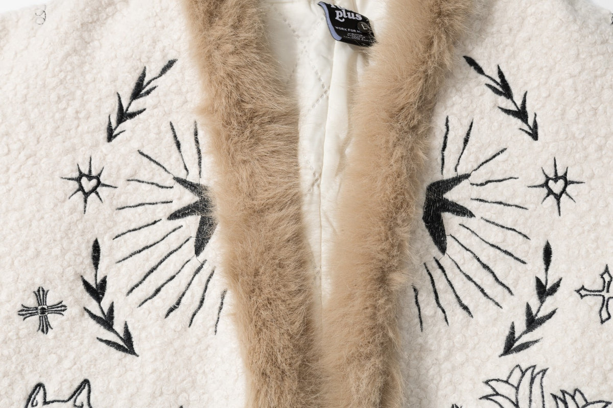 Unisex Faux Fur Trim Cat Floral Embroidered Sherpa Jacket